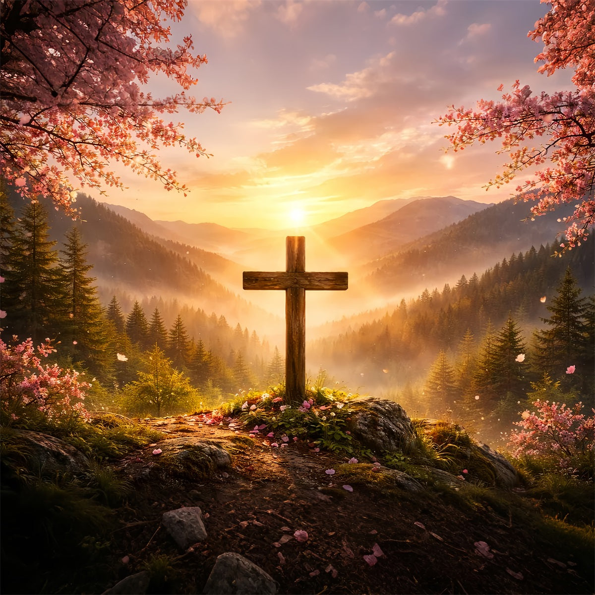 Christlicher Oster-Fotohintergrund Berg Sonnenaufgang Kreuz Herrlichkeit Einfache Osterhintergrund-Ideen LXX61-60
