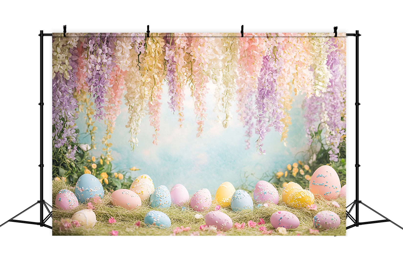 Hintergrund mit Ostereiern Hängende Glyzinien Wildblumenwiese Hintergründe für Osterspiele LXX61-66