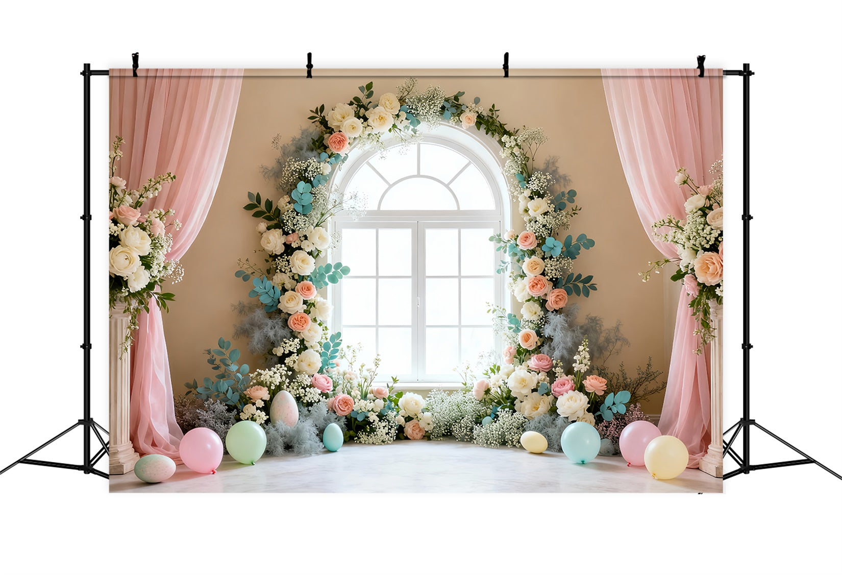 Oster-Frühlingshintergrund Eleganter Blumenkranz für Fenster Oster-Hintergrundbeleuchtung Studio LXX61-68