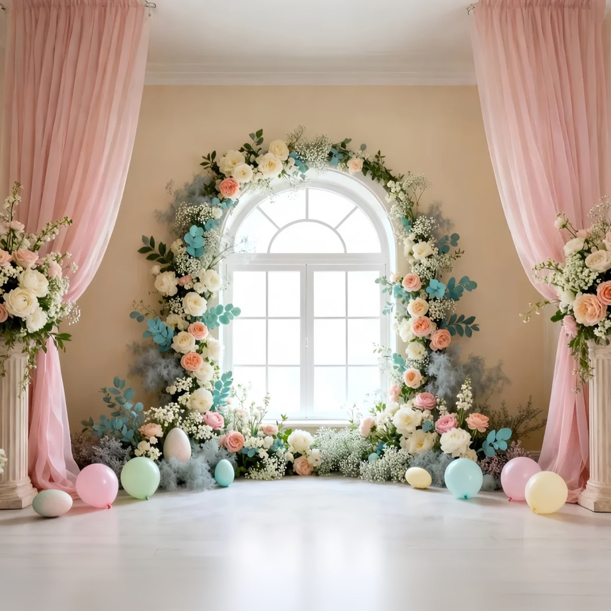 Oster-Frühlingshintergrund Eleganter Blumenkranz für Fenster Oster-Hintergrundbeleuchtung Studio LXX61-68