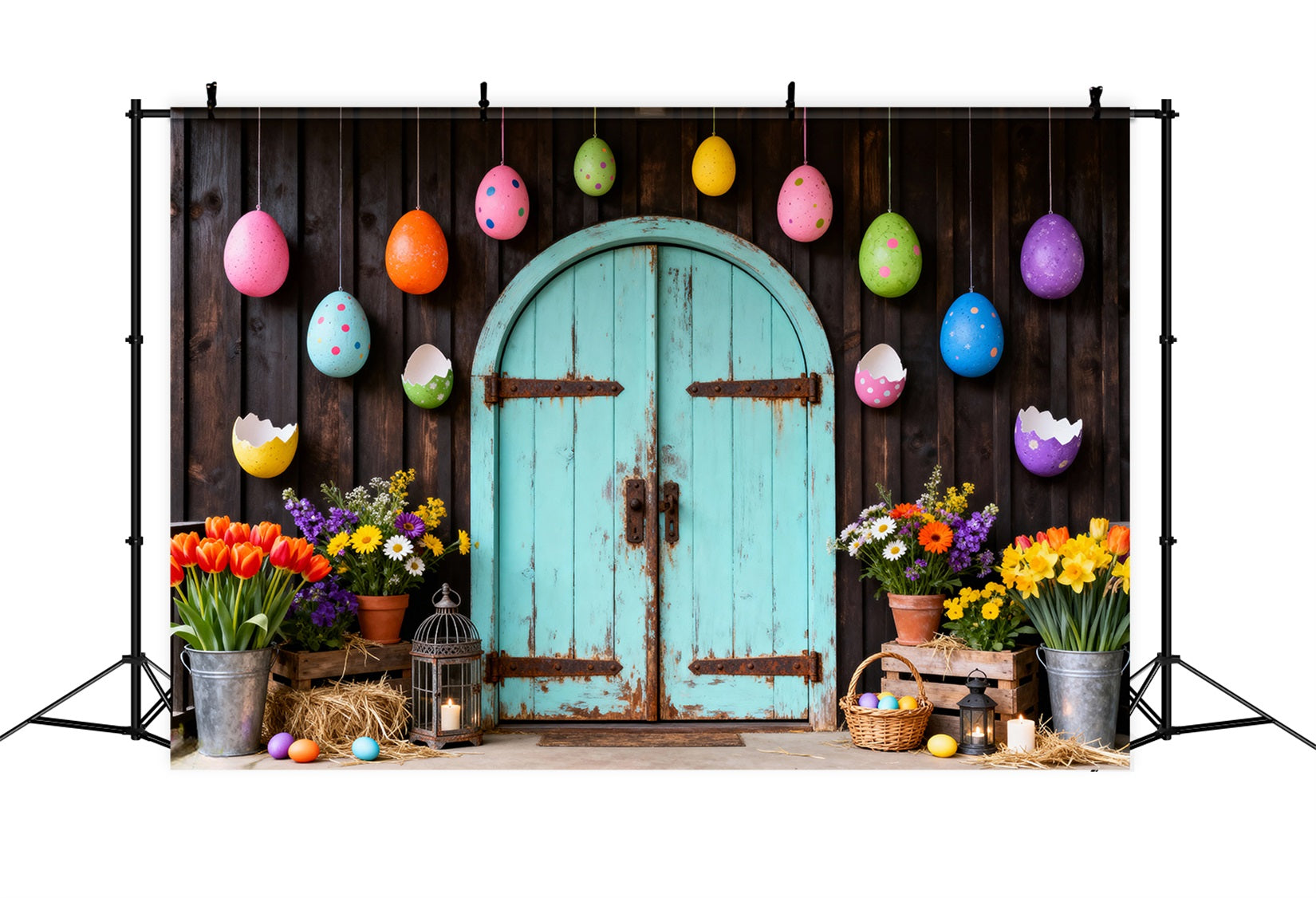 Niedliche Oster-Hintergründe Frühlingsgarten Blumen-Eierbogen Oster-Hintergrund 2026 LXX61-71