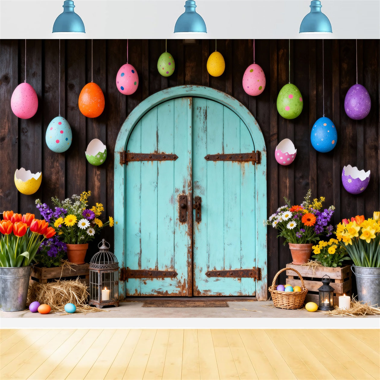 Niedliche Oster-Hintergründe Frühlingsgarten Blumen-Eierbogen Oster-Hintergrund 2026 LXX61-71