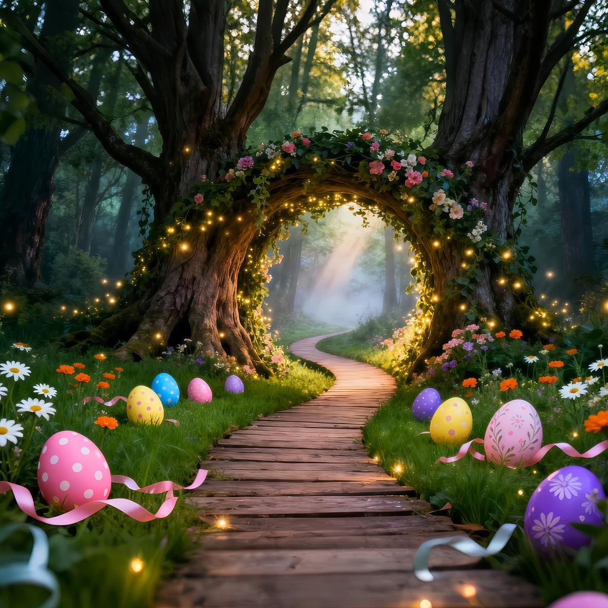 Hintergrund mit Ostereiern Verzauberter Wald Beleuchteter Bogenweg Ideen für Osterhintergründe im Freien LXX61-75