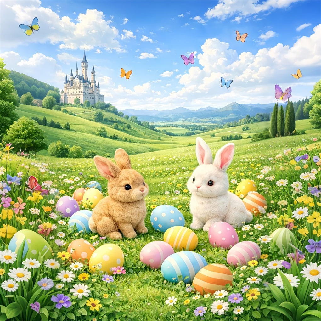 Hintergrund mit Ostereiern Märchenhafte Wiese Schloss Hase 10x10 Osterhintergrund LXX61-76
