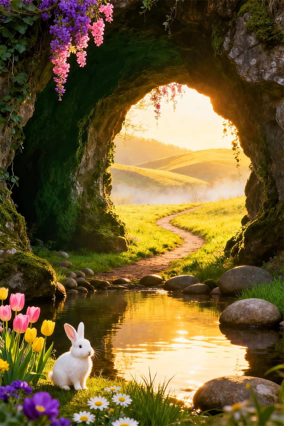 Süßer Osterhintergrund Goldener Sonnenaufgang Höhle Wiese Bach Günstige Osterhintergründe LXX61-77