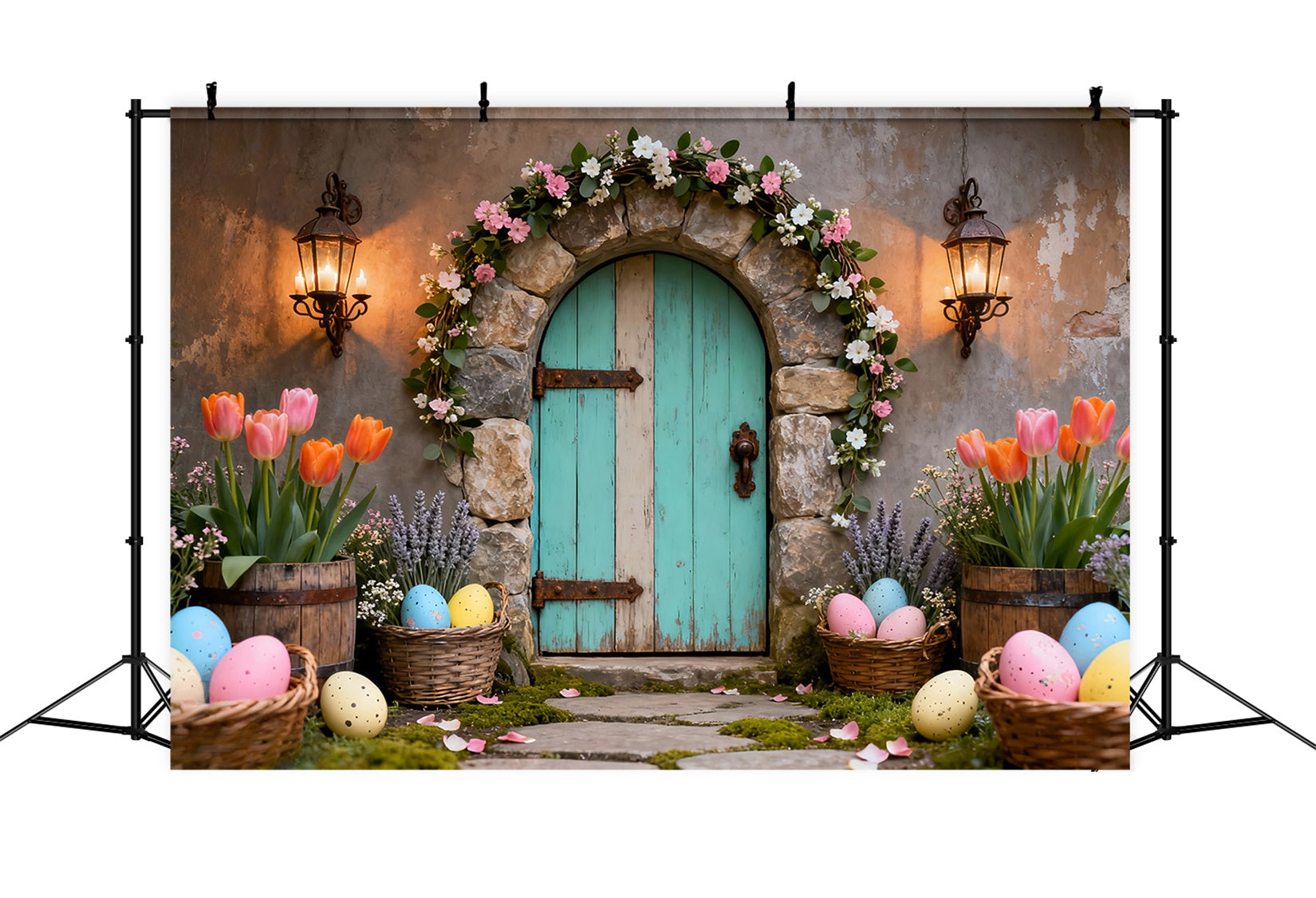 Osterei-Fotohintergrund Türkisfarbene Tür Tulpenkorb Osterhintergründe Foto LXX61-80