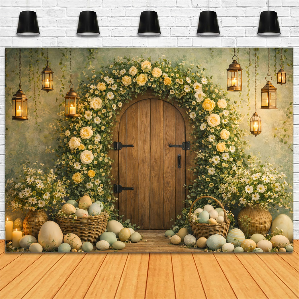 Osterei-Fotohintergrund Blumenbogen Rustikale Tür Mein erstes Osterfest-Hintergrund LXX61-81