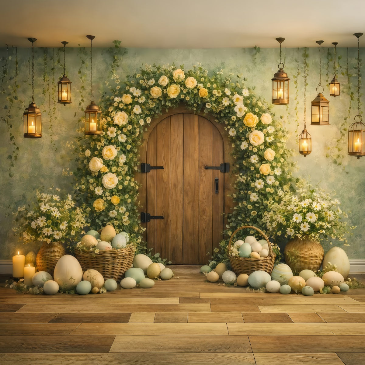 Osterei-Fotohintergrund Blumenbogen Rustikale Tür Mein erstes Osterfest-Hintergrund LXX61-81
