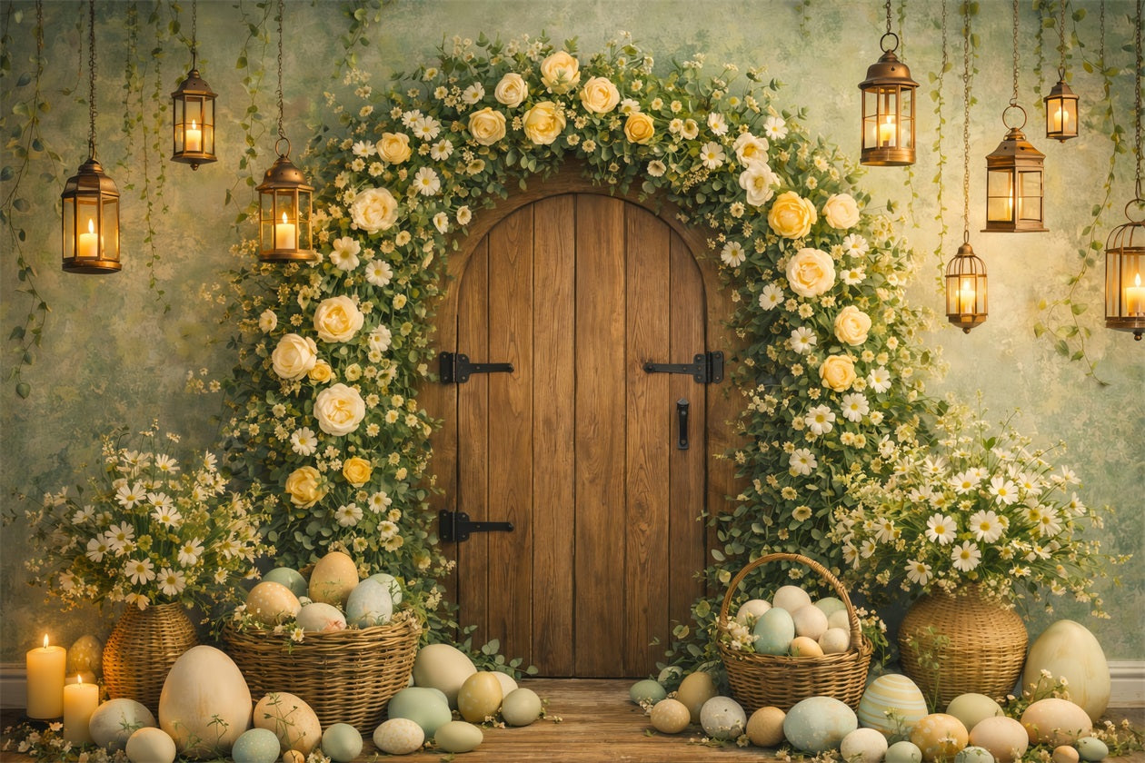 Osterei-Fotohintergrund Blumenbogen Rustikale Tür Mein erstes Osterfest-Hintergrund LXX61-81