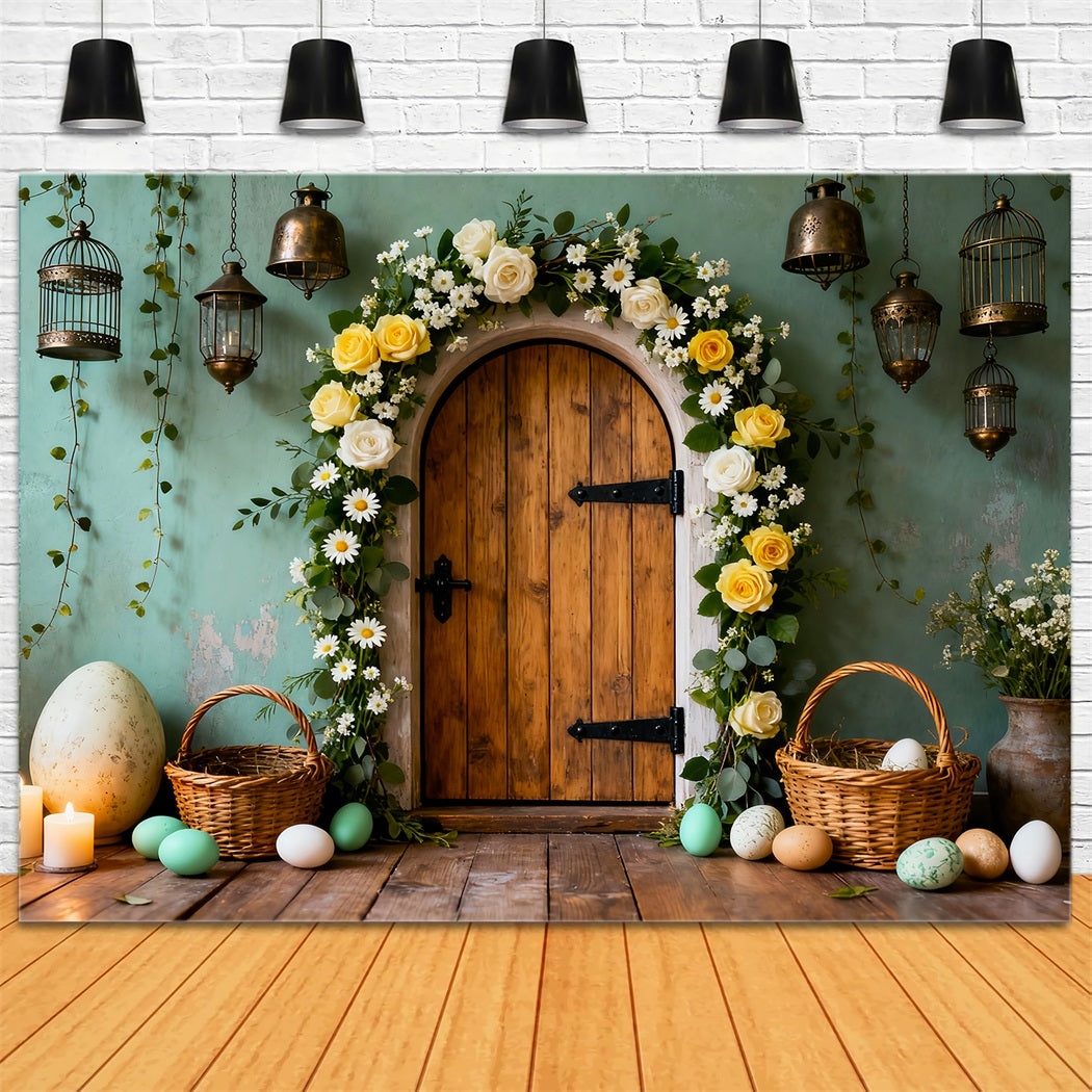Osterei-Fotohintergrund Holztür Blumenbogen Mein erstes Osterfest-Hintergrund LXX61-82
