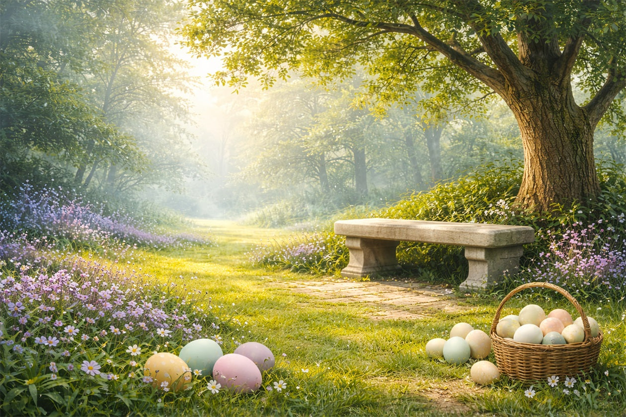 Rustikaler Osterhintergrund Sonniger Wald Wiese Bank Osterhintergründe für draußen LXX61-83