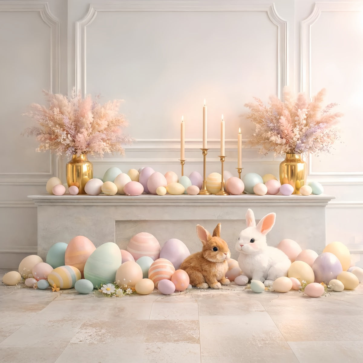 Ostereier-Hintergrund Eleganter Kaminsims Hase Retro-Wand Oster-Hintergrund Foto LXX61-86