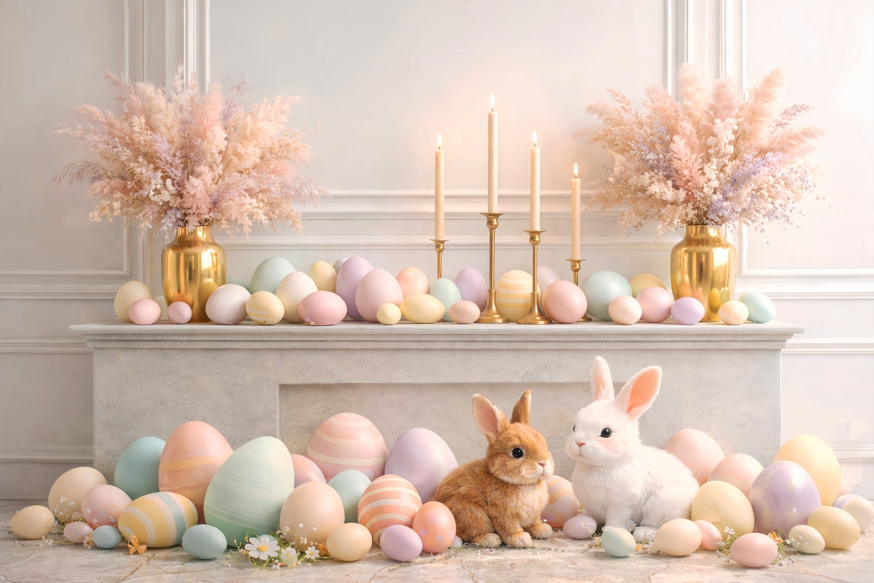 Ostereier-Hintergrund Eleganter Kaminsims Hase Retro-Wand Oster-Hintergrund Foto LXX61-86