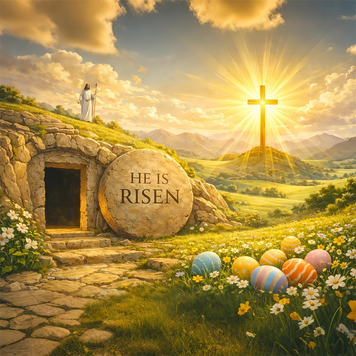 Ostergrab-Hintergründe Er ist auferstanden Kreuz der Auferstehung Oster-Fotoshooting-Hintergrund-Ideen LXX61-88