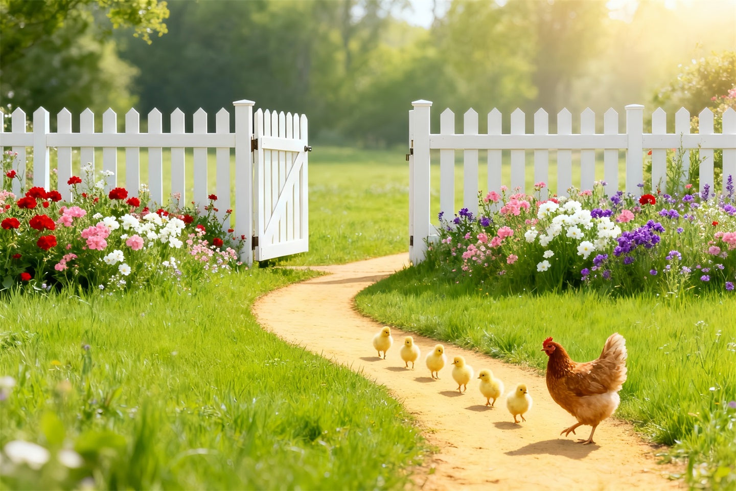 Hintergrund mit Küken, sonniger Garten, Wildblumenstrauß, Ostern, Hintergrundideen LXX61-95
