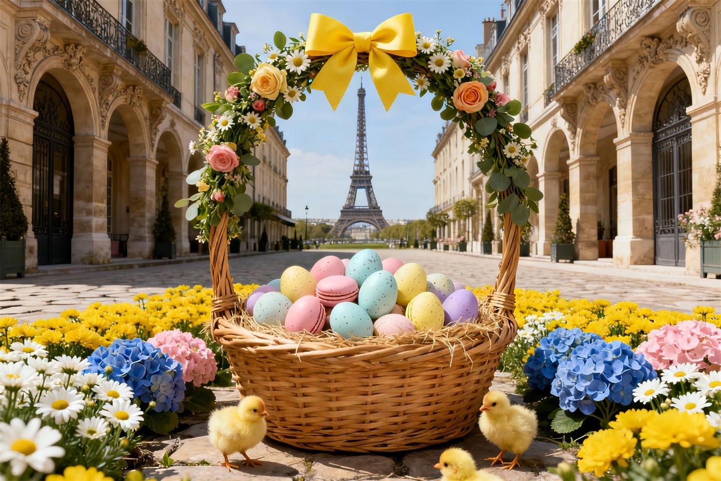 Hühnchen-Hintergrund Paris Blumen-Eierkorb Oster-Hintergrundideen LXX61-96