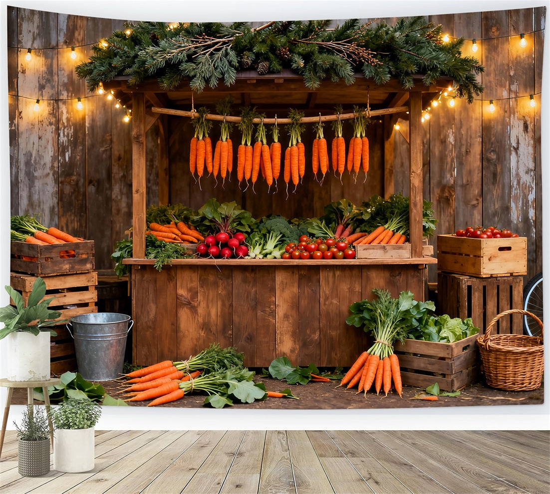 Karotten-Hintergrund Rustikaler Marktstand Lichterketten Oster-Fotohintergründe LXX61-97