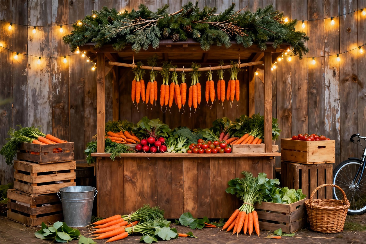 Karotten-Hintergrund Rustikaler Marktstand Lichterketten Oster-Fotohintergründe LXX61-97