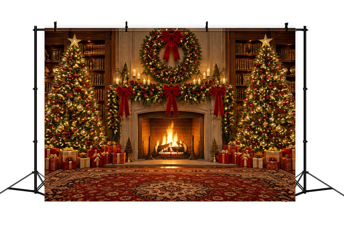 Weihnachtlicher Fotohintergrund Verzierte Bibliothek Kamin Kranz LXX610-151
