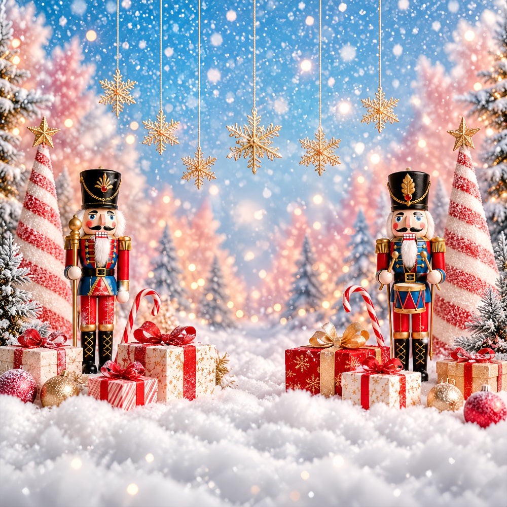 Weihnachtlicher Fotohintergrund Schneeflocken-Bokeh Geschenkauslage Nussknacker LXX610-156