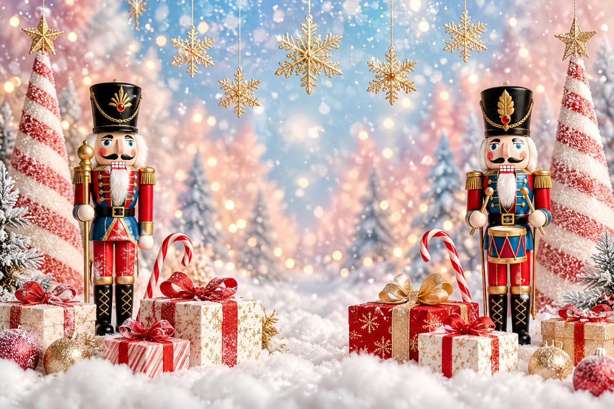 Weihnachtlicher Fotohintergrund Schneeflocken-Bokeh Geschenkauslage Nussknacker LXX610-156