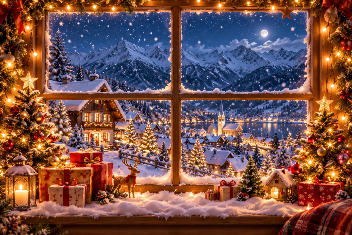 Winterlicher Weihnachtshintergrund Verschneites Alpenhausfenster LXX610-157