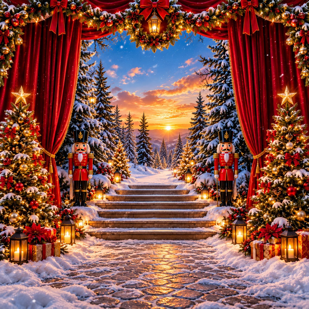 Weihnachtlicher Themenhintergrund Waldsonnenuntergang Verschneite Treppe Nussknacker LXX610-159