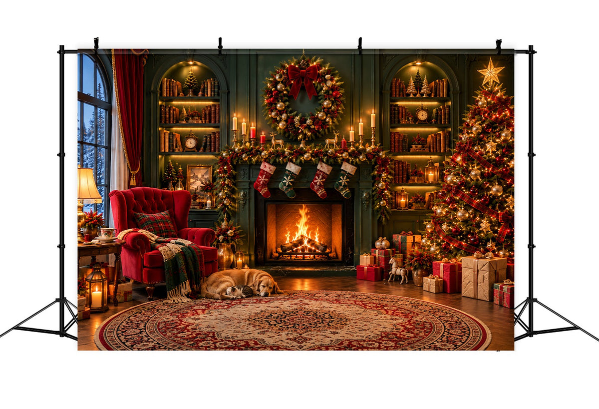Weihnachtskamin-Hintergrund Gemütliches Wohnzimmer Smaragdgrüne Wand LXX610-160