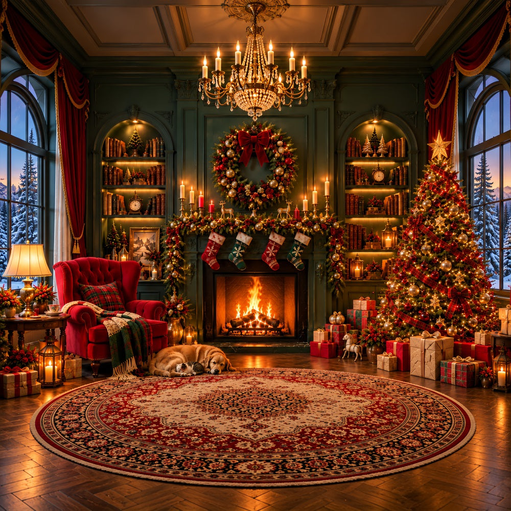Weihnachtskamin-Hintergrund Gemütliches Wohnzimmer Smaragdgrüne Wand LXX610-160