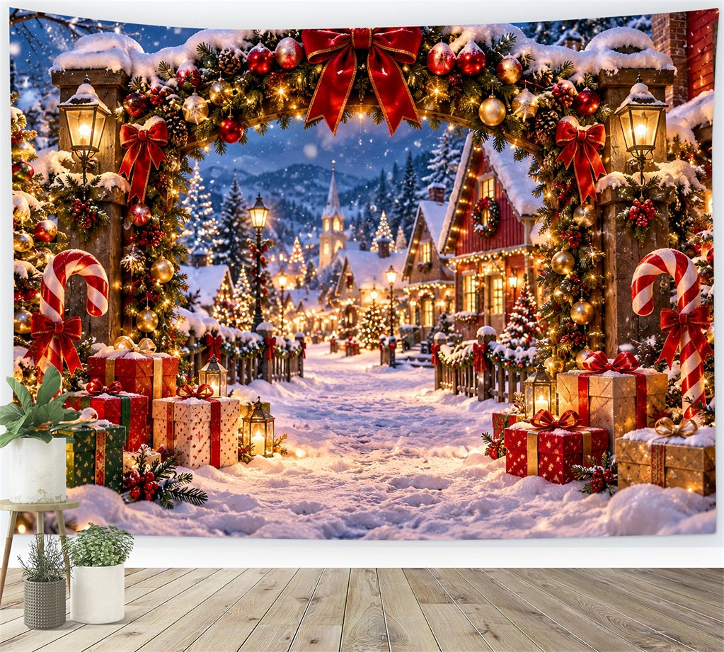 Weihnachtsdorf-Hintergrund Verschneites Zuckerstangentor LXX610-162