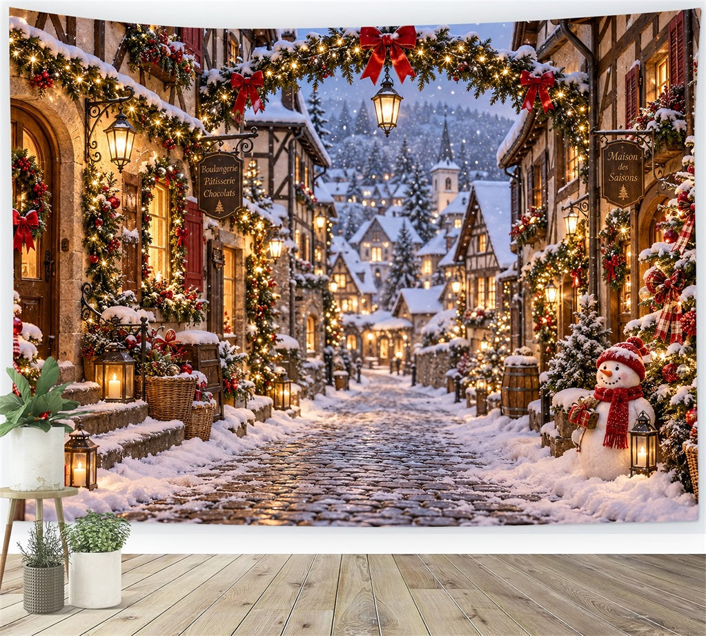Weihnachtsdorf-Hintergrund Schneemann Laterne Winterstraße LXX610-164