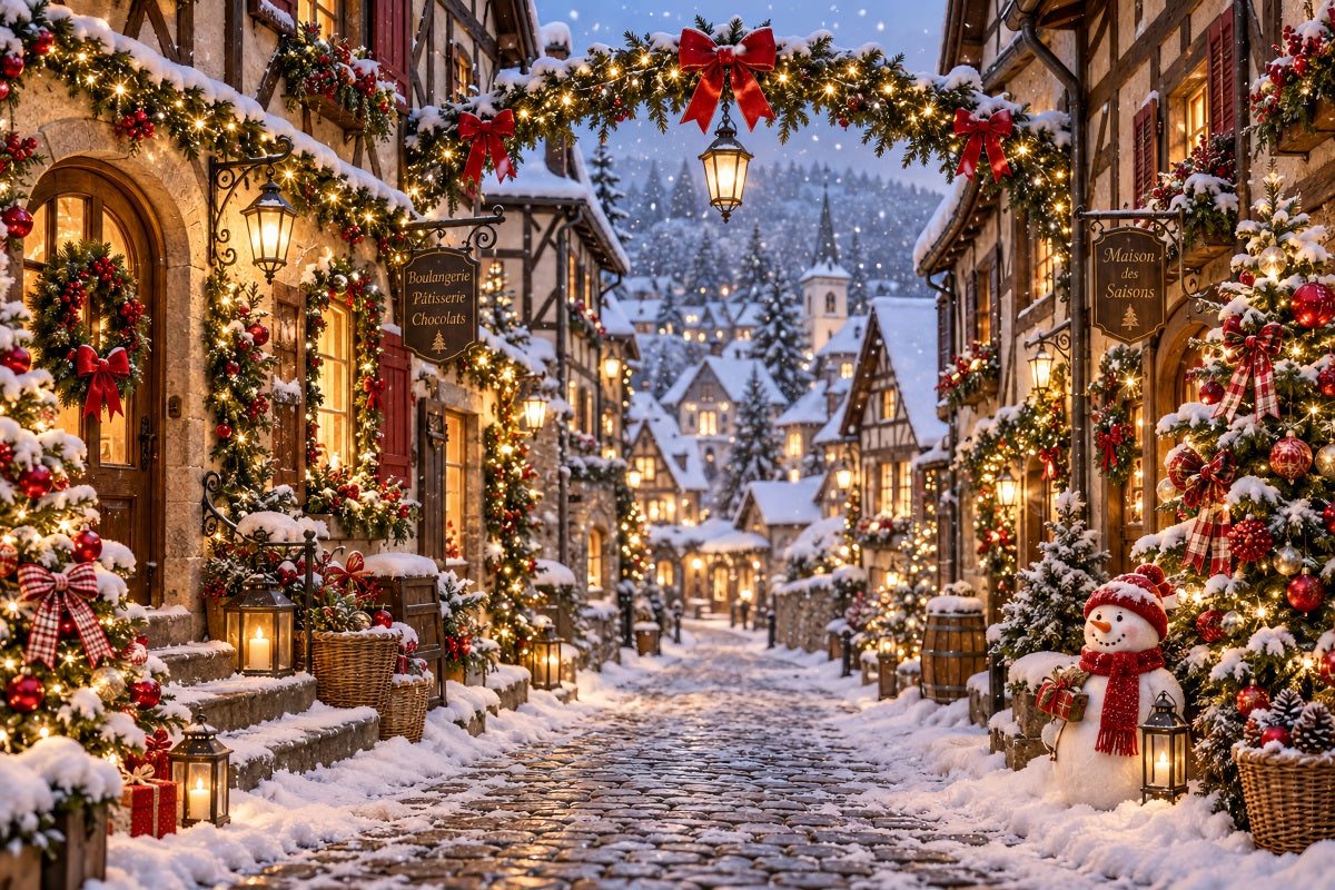 Weihnachtsdorf-Hintergrund Schneemann Laterne Winterstraße LXX610-164