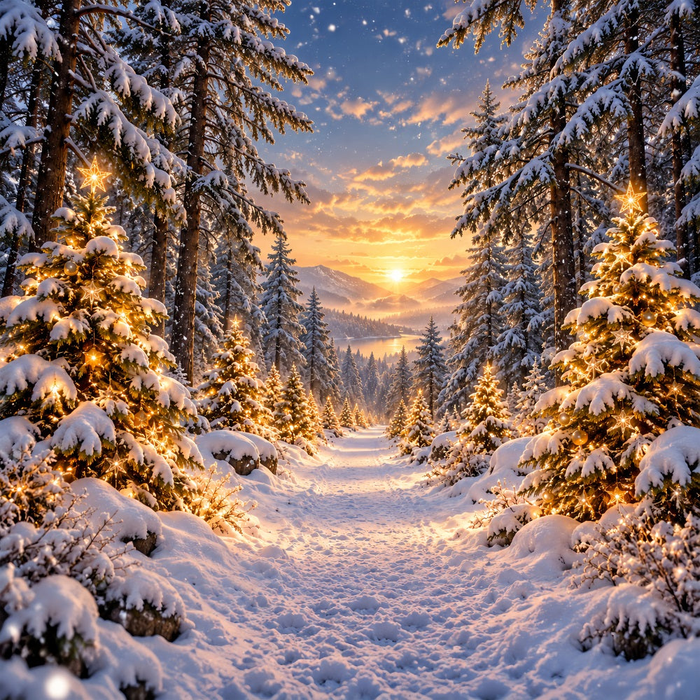 Weihnachtswald-Hintergrund Goldener Sonnenuntergang Verschneite Bäume LXX610-167