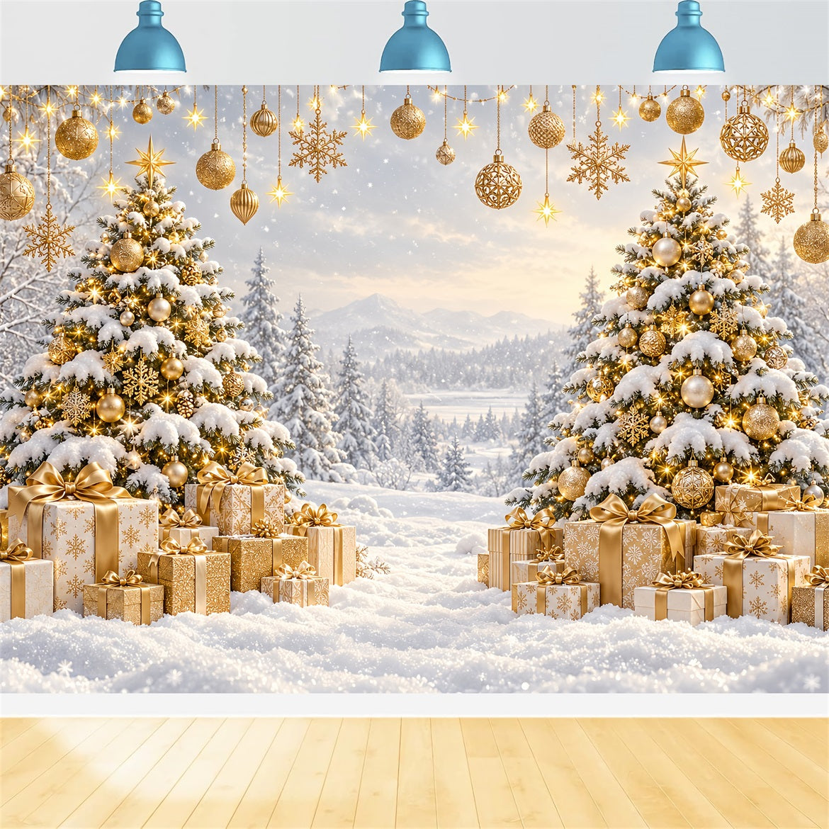 Weihnachtlicher Fotohintergrund Goldener Sonnenuntergang Verschneiter Wald LXX610-171