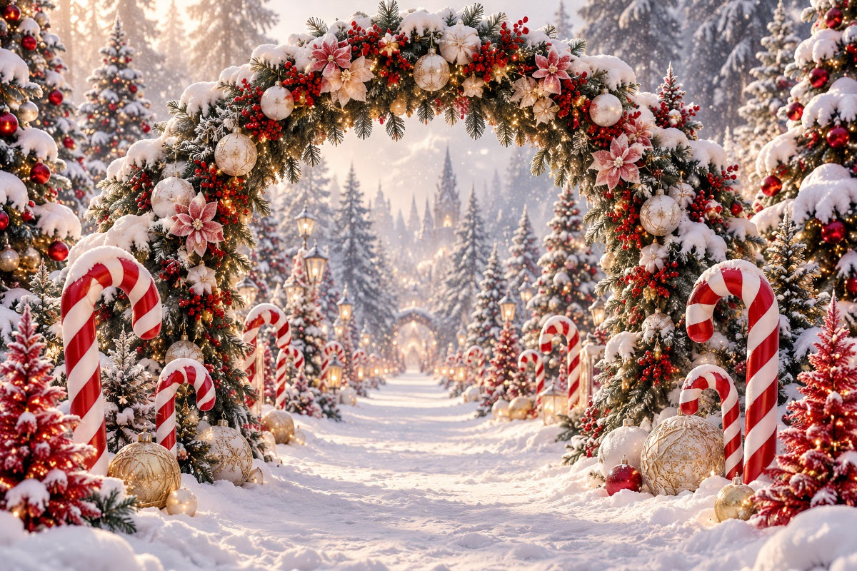 Weihnachtlicher Fotohintergrund Floraler Zuckerstangen-Torbogen LXX610-175
