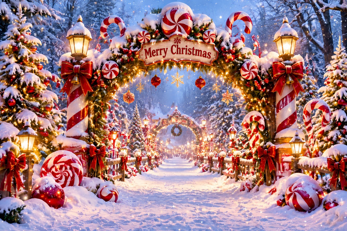 Weihnachtlicher Zuckerstangen-Hintergrund Pfefferminzkranz Verschneites Tor LXX610-176