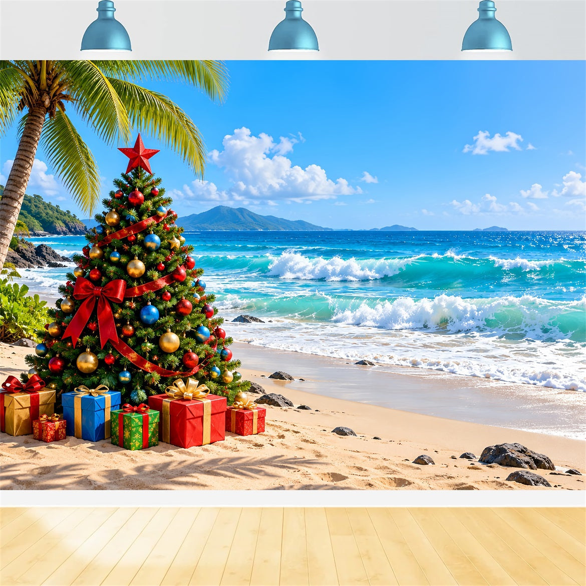 Weihnachtsbaum-Hintergrund Tropischer Strand Festliche Palmen LXX610-179