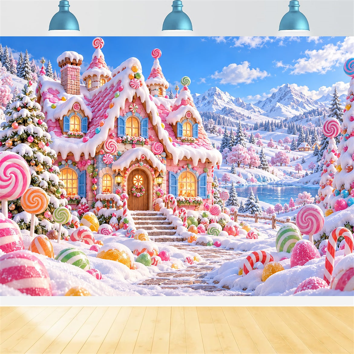 Lebkuchenhaus-Hintergrund Rosa Süßigkeitenhaus Winterwunderland LXX610-182