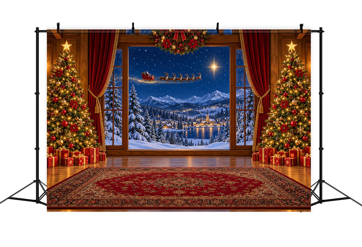Weihnachtlicher Santa-Hintergrund Fenster Schlitten Winterdorf LXX610-183