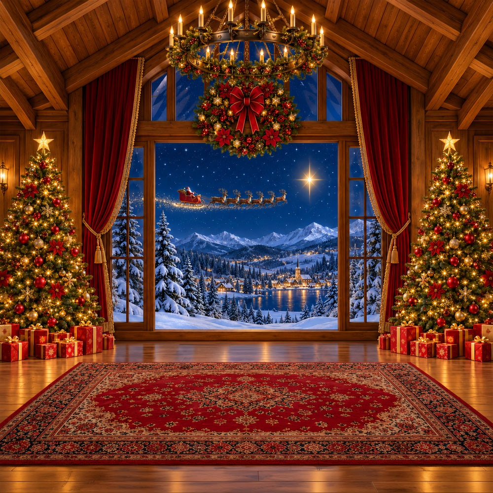 Weihnachtlicher Santa-Hintergrund Fenster Schlitten Winterdorf LXX610-183