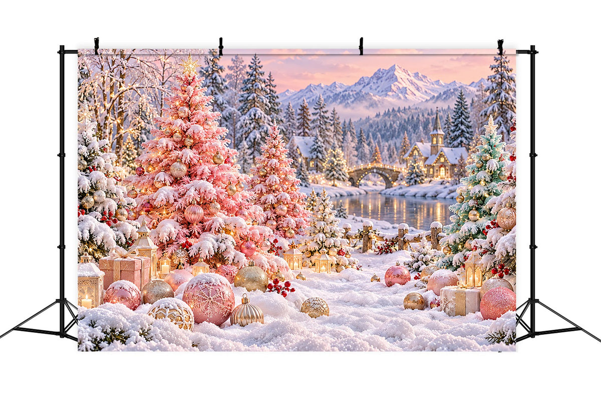 Weihnachtsbaum-Hintergrund Zartrosa Verschneites Dorf Bühnenkulisse LXX610-185