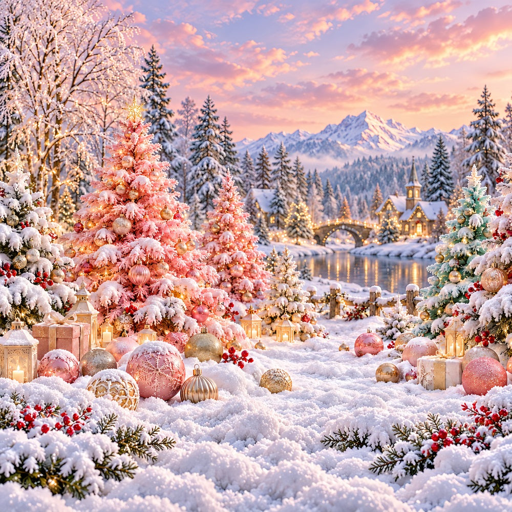 Weihnachtsbaum-Hintergrund Zartrosa Verschneites Dorf Bühnenkulisse LXX610-185