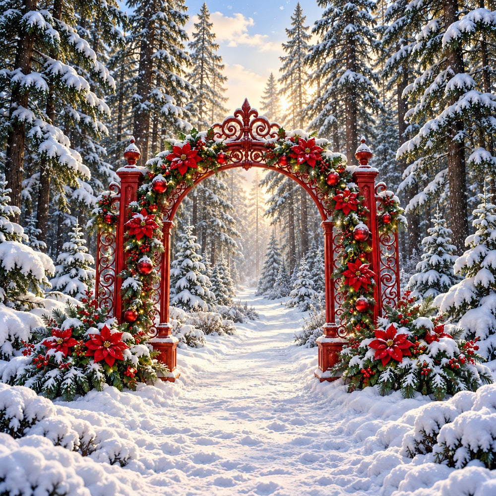 Verschneiter Weihnachtshintergrund Rote Weihnachtssternblumen Waldtorbogen LXX610-187