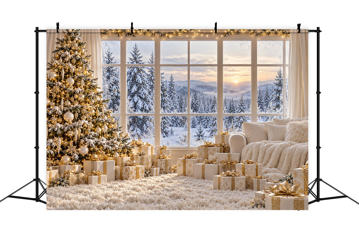 Weißer Weihnachtshintergrund Elfenbein-Goldenes Fenster Winteridylle LXX610-188