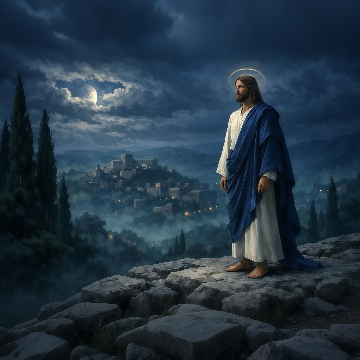 Kirche Ostern Fotohintergrund Mondbeschienener Messias Bergdorf Ostern Hintergrund LXX62-32