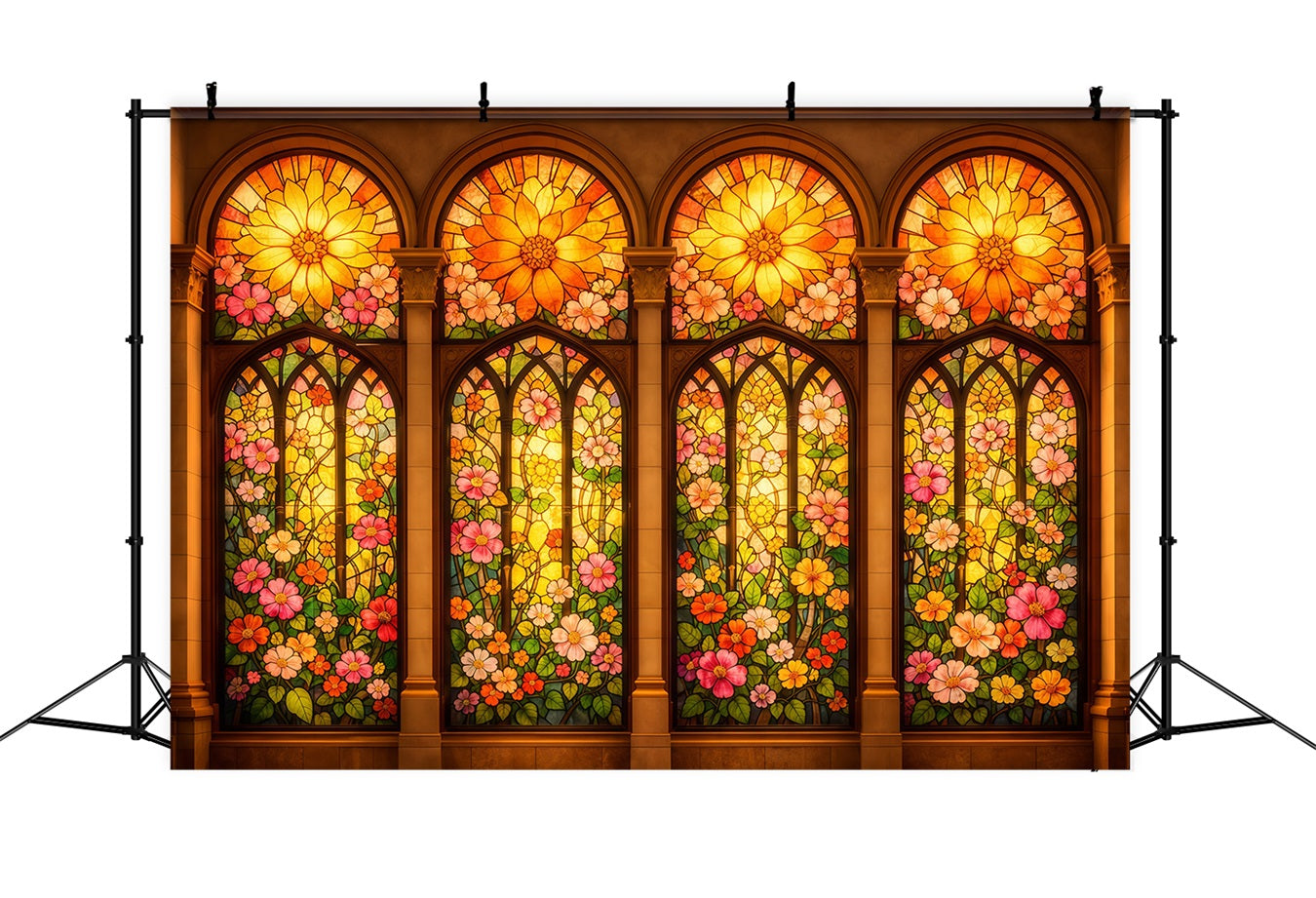 Buntglas-Hintergrund Goldene Blumen Kathedralfenster Ostern Fotohintergrund LXX62-33