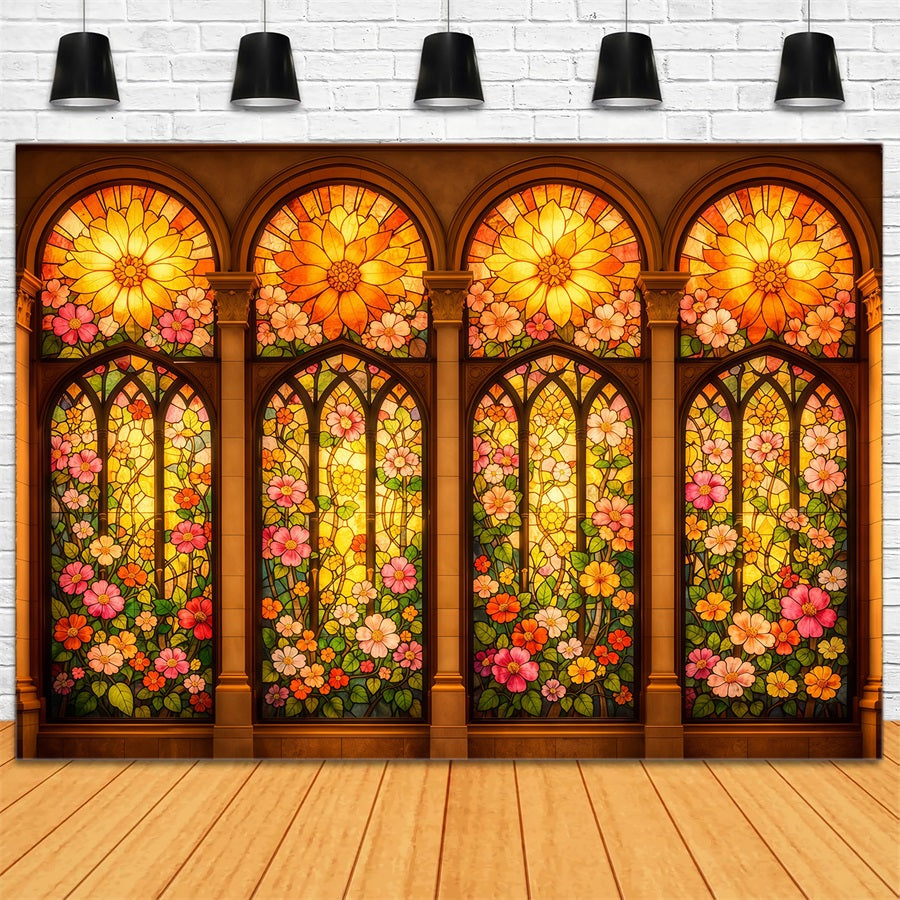 Buntglas-Hintergrund Goldene Blumen Kathedralfenster Ostern Fotohintergrund LXX62-33