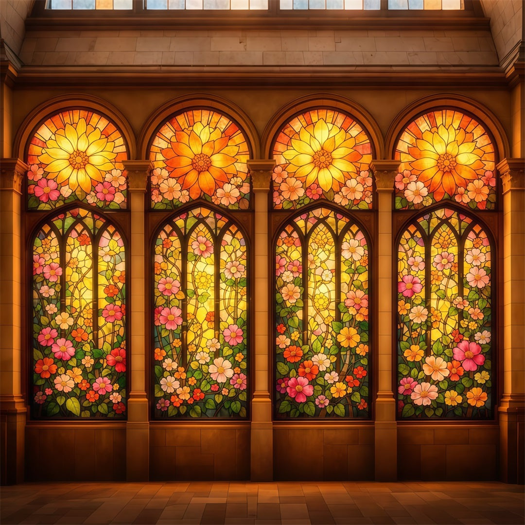 Buntglas-Hintergrund Goldene Blumen Kathedralfenster Ostern Fotohintergrund LXX62-33