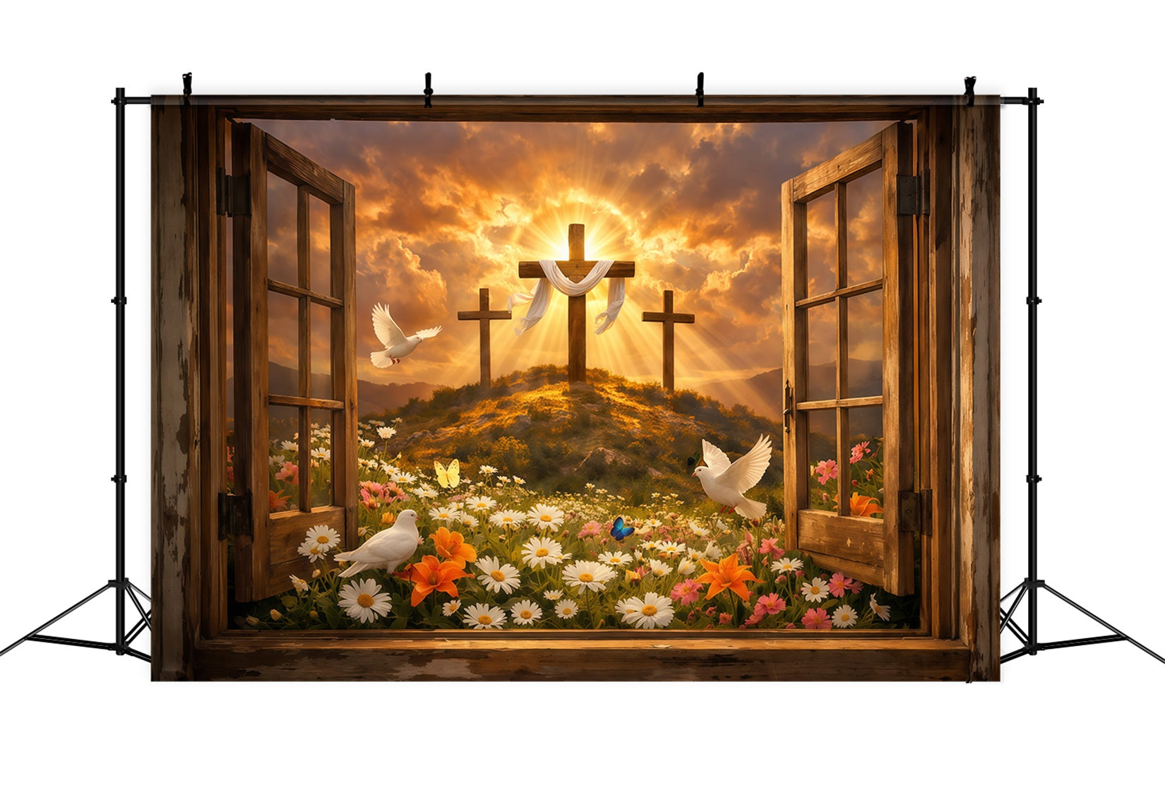 Ostern Kirche Hintergrund Auferstehung Hügel Sonnenaufgang Offenes Fenster Ostern Fotohintergründe LXX62-37