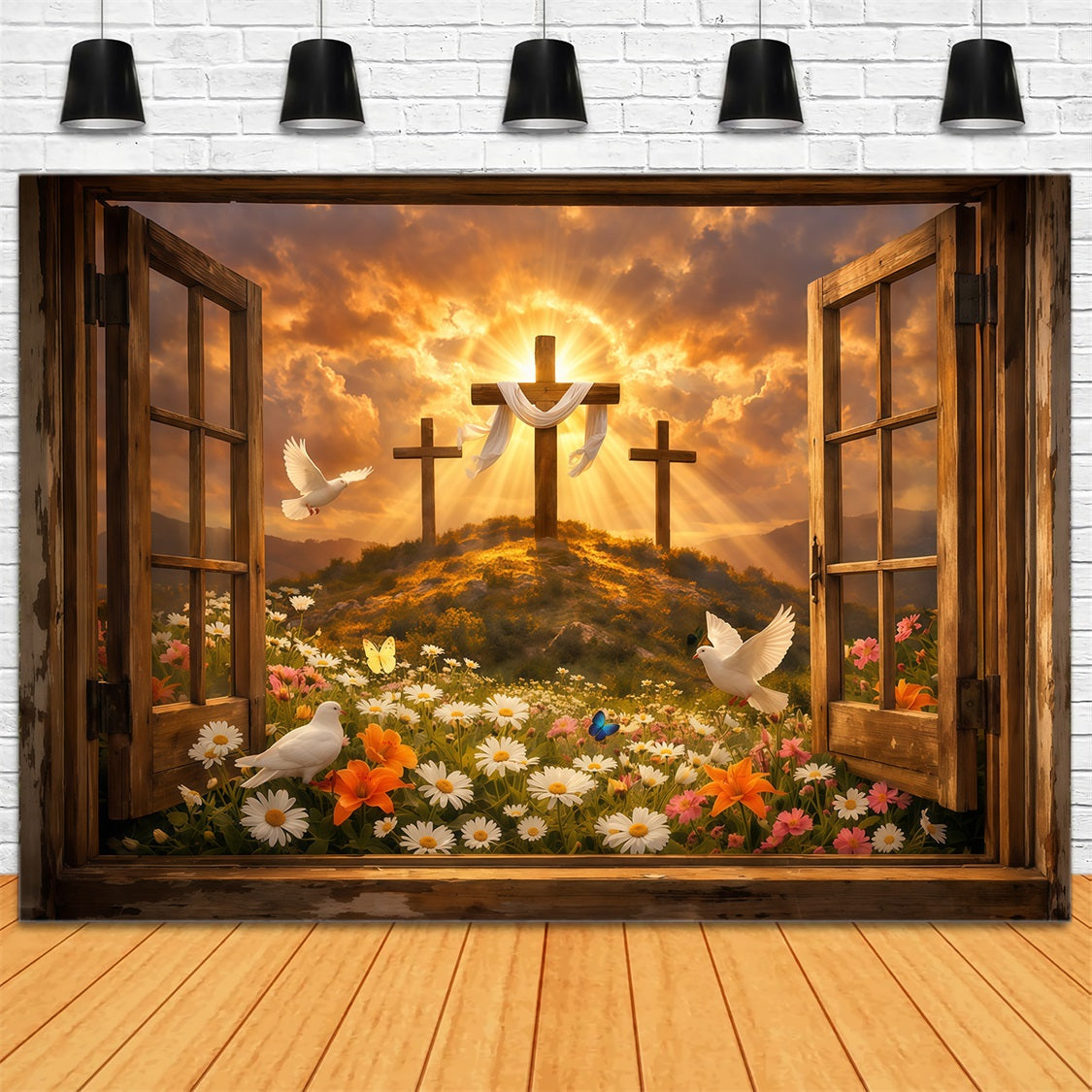 Ostern Kirche Hintergrund Auferstehung Hügel Sonnenaufgang Offenes Fenster Ostern Fotohintergründe LXX62-37